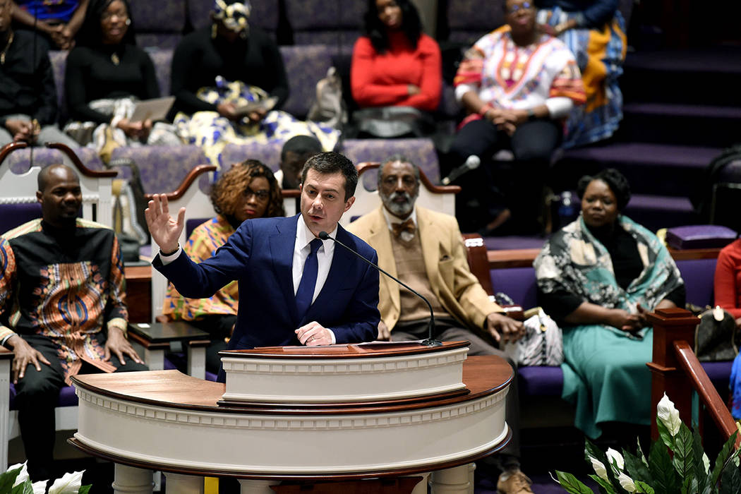 Democratic presidential candidate Pete Buttigieg speaks at First Baptist Church on Sunday, Feb. ...
