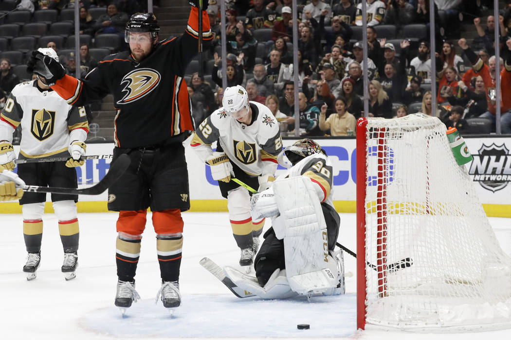 Anaheim Ducks left wing Nick Ritchie, left, celebrates after scoring past Vegas Golden Knights ...