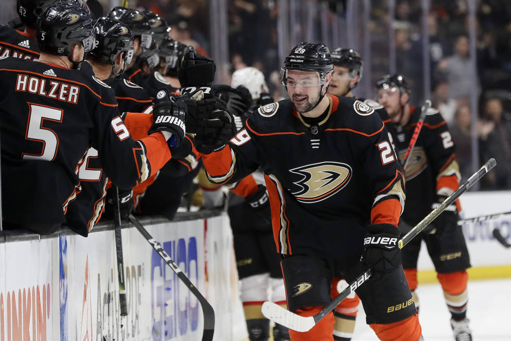 Anaheim Ducks center Devin Shore celebrates after scoring against the Vegas Golden Knights duri ...