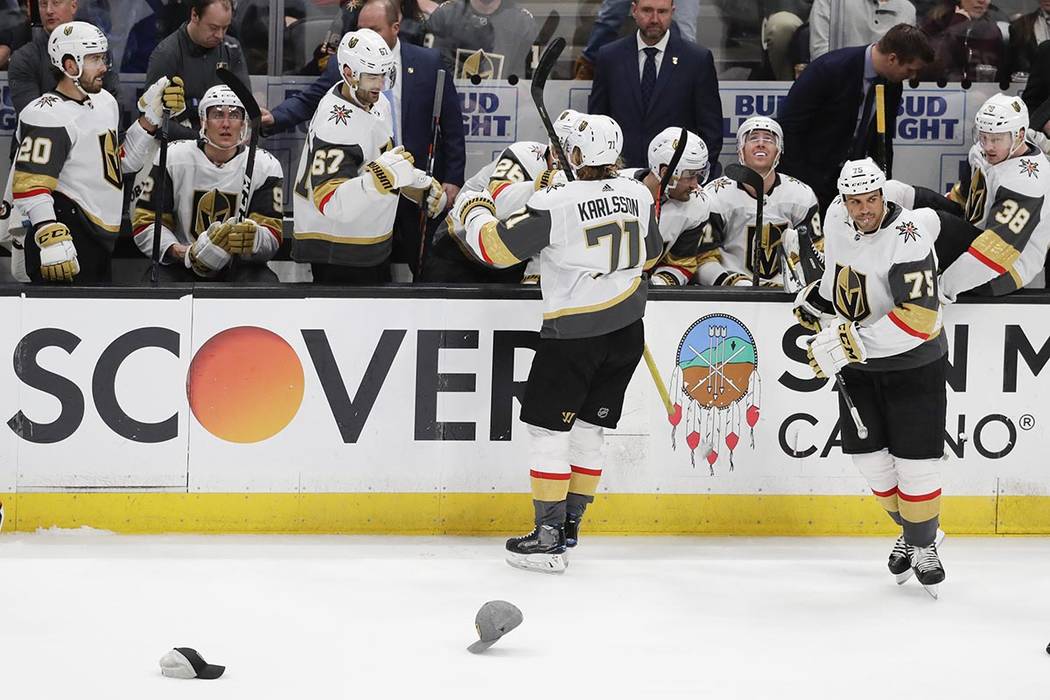 Vegas Golden Knights center William Karlsson (71) celebrates after his hat trick against the An ...