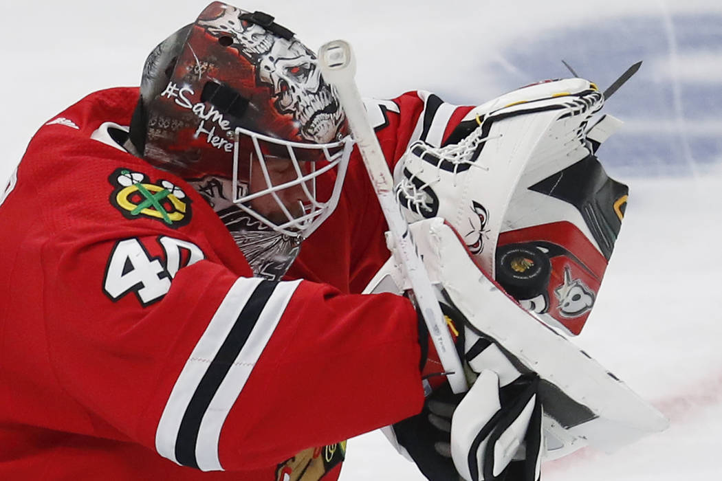 Chicago Blackhawks' Robin Lehner makes a save against the Toronto Maple Leafs during the second ...
