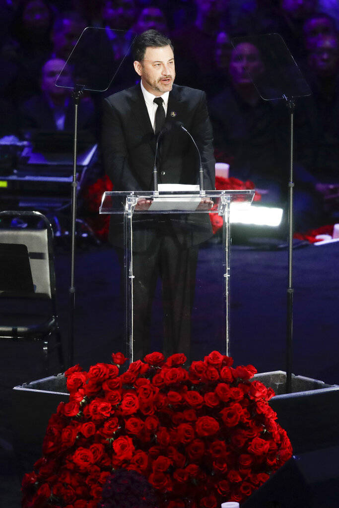 Jimmy Kimmel speaks during a celebration of life for Kobe Bryant and his daughter Gianna Monday ...