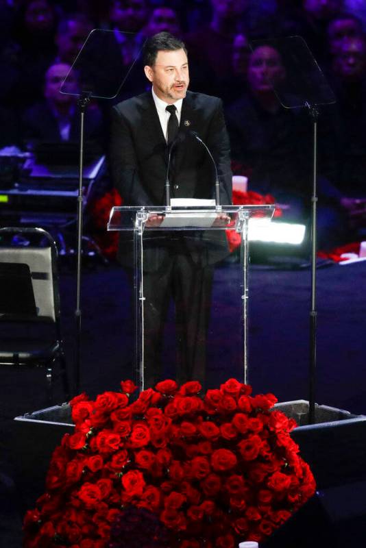 Jimmy Kimmel speaks during a celebration of life for Kobe Bryant and his daughter Gianna Monday ...