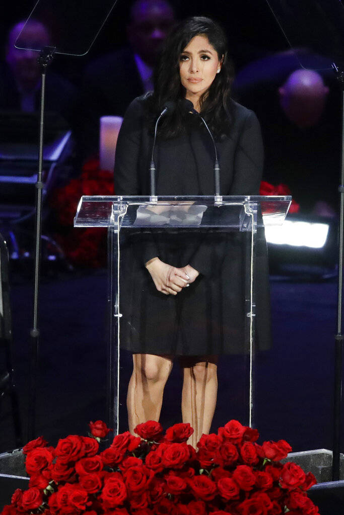 Vanessa Bryant speaks during a celebration of life for her husband Kobe Bryant and daughter Gia ...