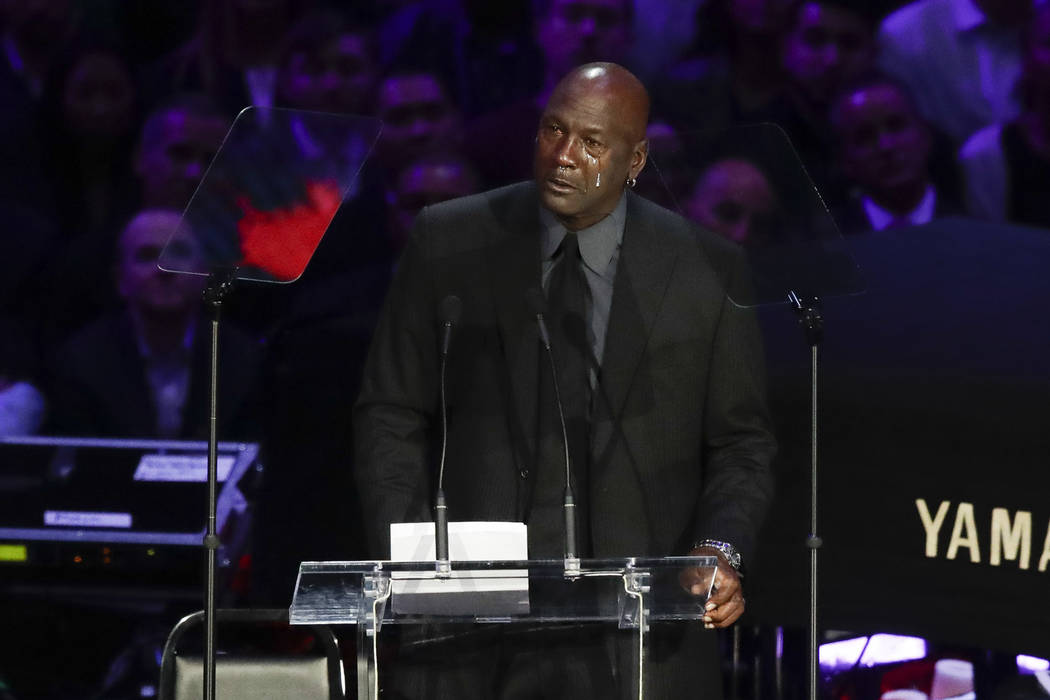Former NBA player Michael Jordan cries while speaking during a celebration of life for Kobe Bry ...