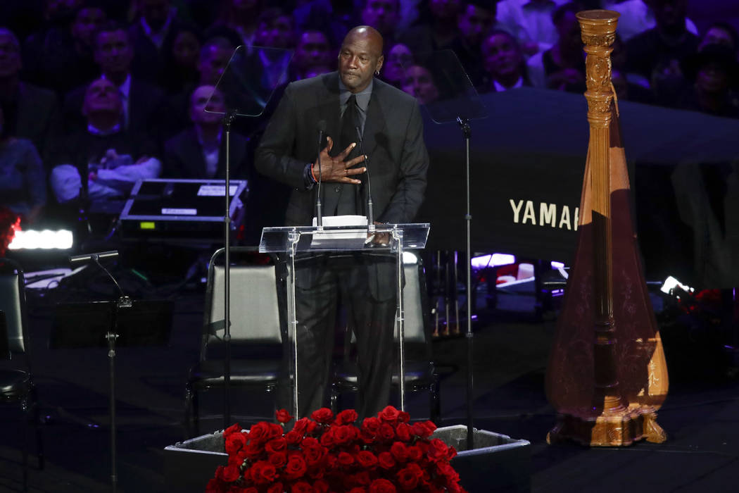 Former NBA player Michael Jordan speaks during a celebration of life for Kobe Bryant and his da ...