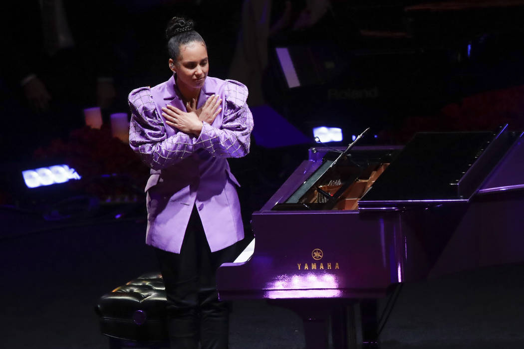 Alicia Keys performs during a celebration of life for Kobe Bryant and his daughter Gianna Monda ...
