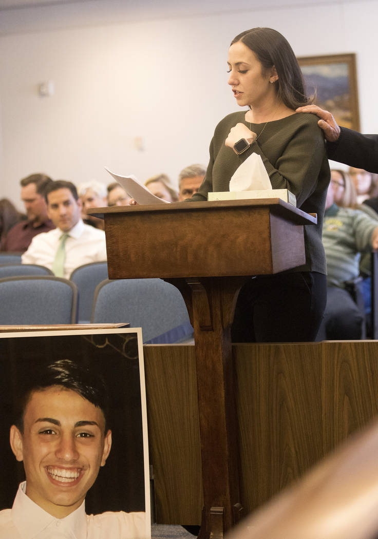 Allie Rossie, sister of A.J. Rossi, gives her victim impact statement, Thursday, Feb. 27, 2020, ...