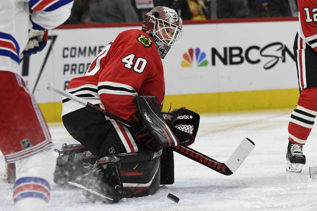 Chicago Blackhawks goalie Robin Lehner (40) of Sweden, makes a save during the second period of ...