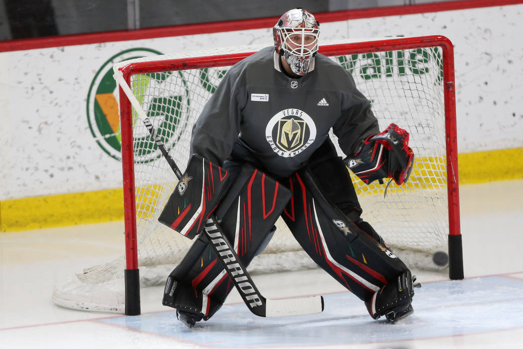 Vegas Golden Knights goaltender Robin Lehner during a team practice at City National Arena in L ...