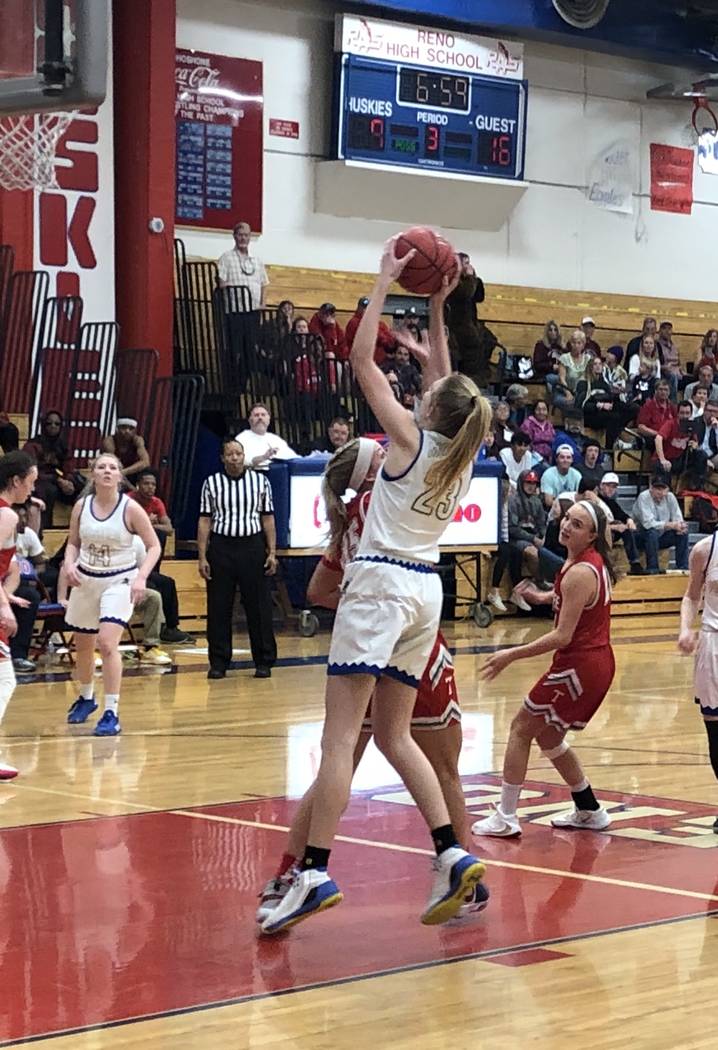 Sydney Reese shoots for a basket against Truckee in Moapa Valley's 38-26 loss in the Class 3A g ...