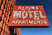 The sign outside the Alpine Motel Apartments pictured on Jan. 9, 2020, in Las Vegas. (David Guz ...
