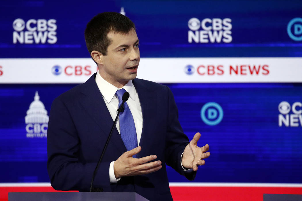 Democratic presidential candidate former South Bend Mayor Pete Buttigieg speaks during a Democr ...