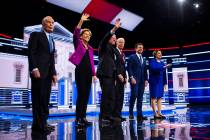 From left, Michael Bloomberg, Sen. Elizabeth Warren, D-Mass., Sen. Bernie Sanders, I-Vt., forme ...