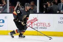 Vegas Golden Knights defenseman Alec Martinez (23) warms up before an NHL hockey game against t ...