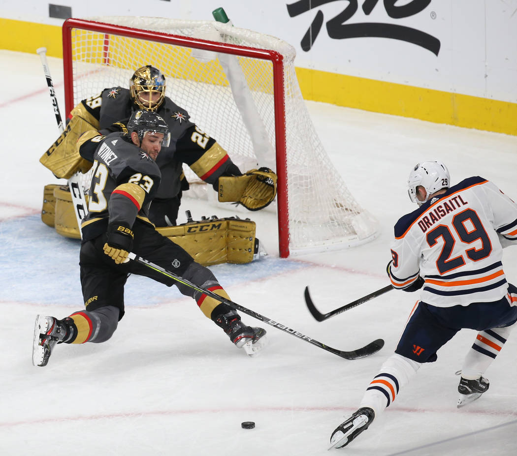 Vegas Golden Knights goaltender Marc-Andre Fleury (29) makes a save against Edmonton Oilers cen ...