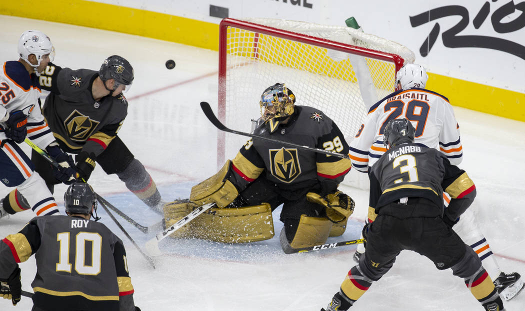 Vegas Golden Knights goaltender Marc-Andre Fleury (29) makes a save against Edmonton Oilers cen ...