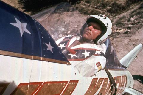 Evel Knievel is shown in his rocket before his failed attempt at a highly promoted 3/4-mile lea ...