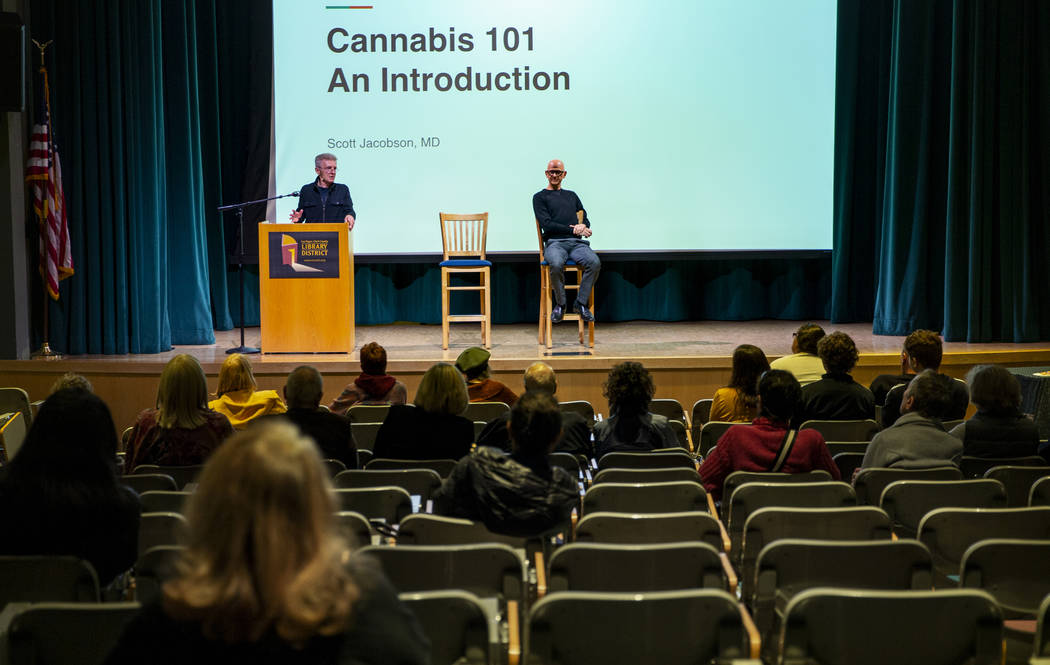 Billy Hayes, left, gives a talk on Cannabis 101 joined by Dr. Scott Jacobson at the West Charle ...
