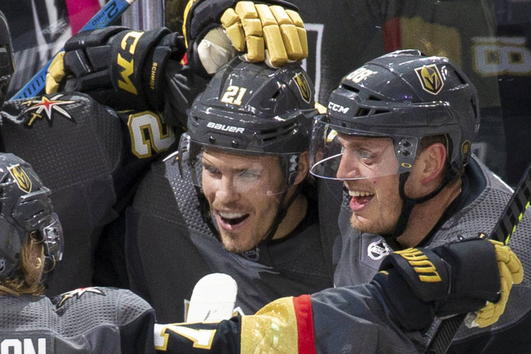 Vegas Golden Vegas Golden Knights center William Karlsson (71), far left, Vegas Golden Knights ...
