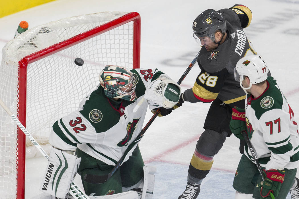Vegas Golden Knights left wing William Carrier (28) assist's on a goal against Minnesota Wild g ...