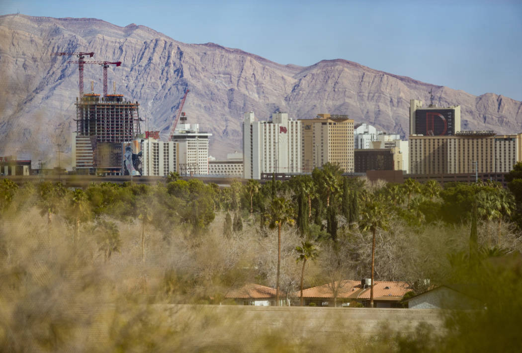 A view of the downtown Las Vegas skyline on Friday, Feb. 28, 2020. (Chase Stevens/Las Vegas Rev ...