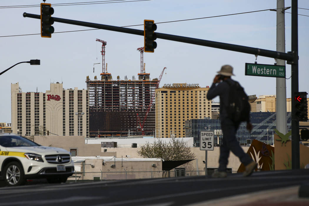 A view of the downtown Las Vegas skyline on Friday, Feb. 28, 2020. (Chase Stevens/Las Vegas Rev ...