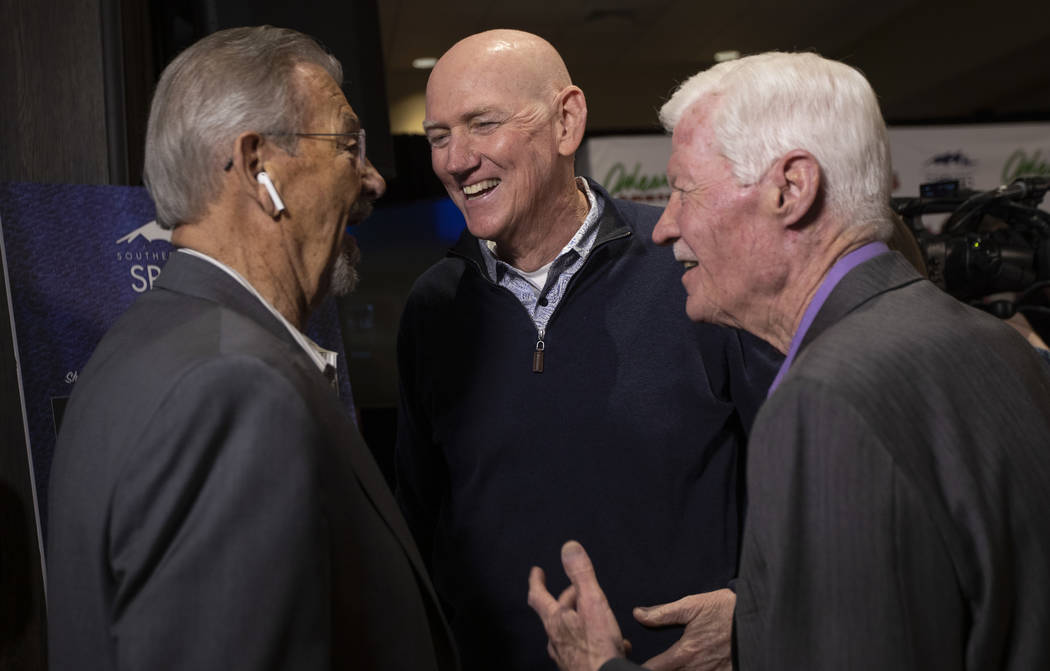Larry Brown, center, who pitched for the Las Vegas Stars and is a local politician, chats after ...