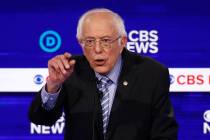 =Democratic presidential candidate Sen. Bernie Sanders, I-Vt., speaks during a Democratic presi ...