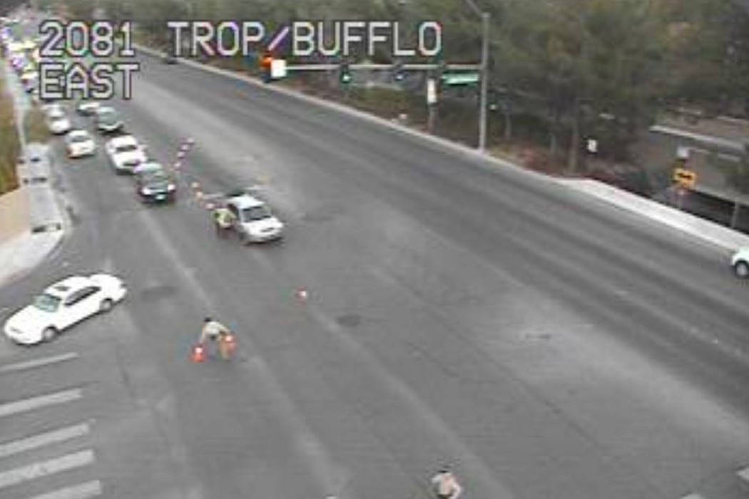 Traffic is being rerouted Thursday, Feb. 27, 2020, after a fatal crash at Tropicana and Buffalo ...