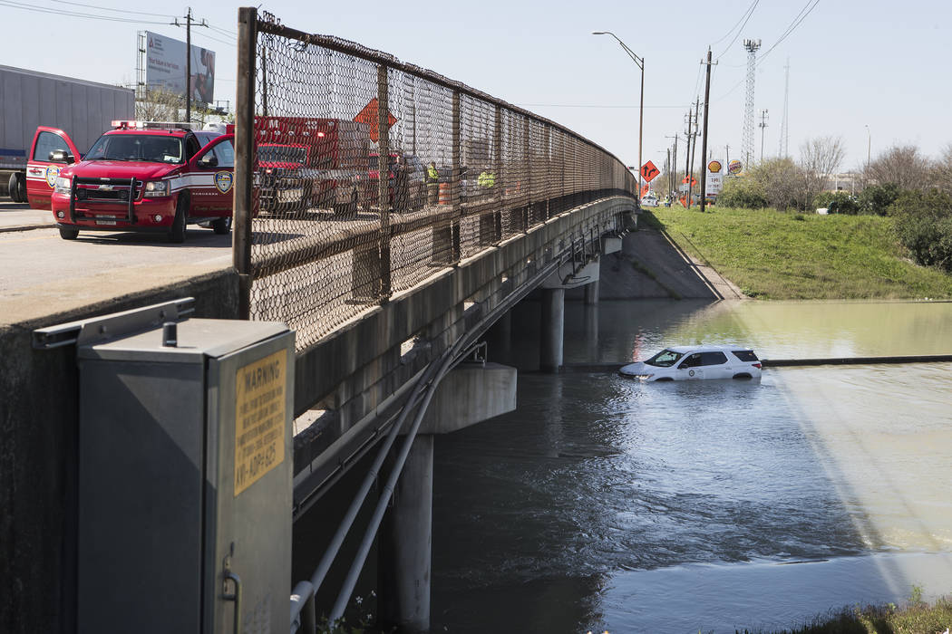 High water from a water main break floods the East Loop 610 on Thursday, Feb. 27, 2020 in Houst ...