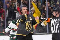 Vegas Golden Knights right wing Mark Stone (61) celebrates after teammate Chandler Stephenson ( ...