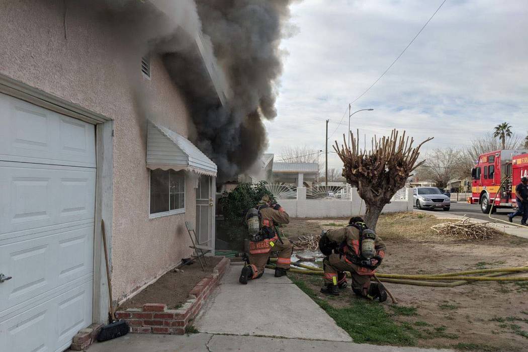 Firefighters battle a blaze at 1904 Leona Street on Friday, Feb. 28, 2020. (Las Vegas Fire Depa ...