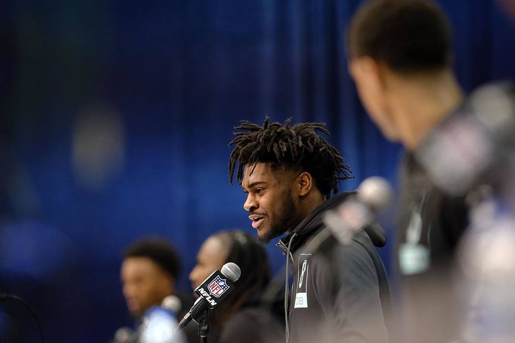 Alabama defensive back Trevon Diggs speaks during a press conference at the NFL football scouti ...