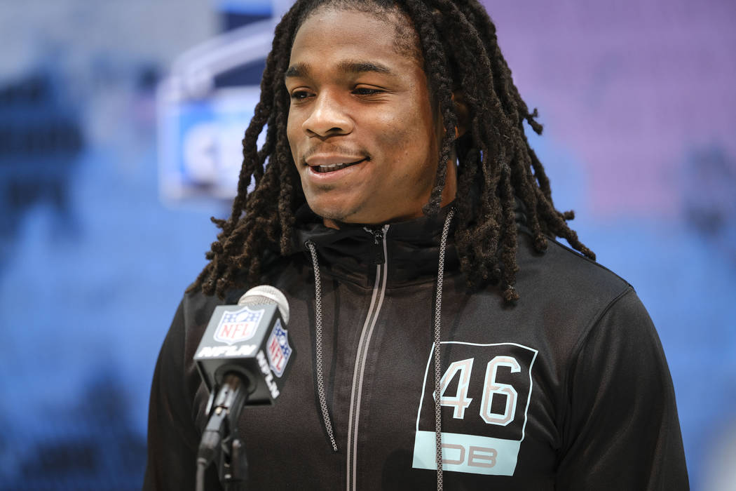 Lenoir-Rhyne defensive back Kyle Dugger speaks during a press conference at the NFL football sc ...