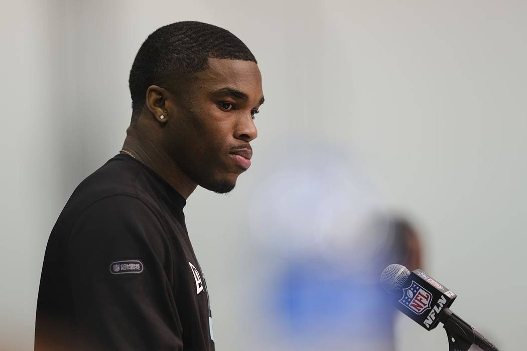Ohio State defensive back Jeff Okudah speaks during a news conference at the NFL football scout ...