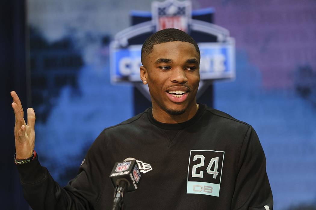 Ohio State defensive back Jeff Okudah speaks during a news conference at the NFL football scout ...