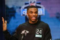 Ohio State defensive back Jeff Okudah speaks during a news conference at the NFL football scout ...