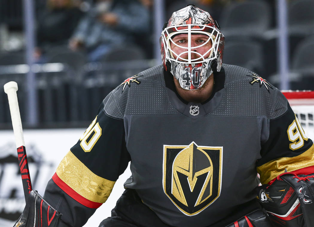 Golden Knights goaltender Robin Lehner (90) before the start of the second period of an NHL hoc ...