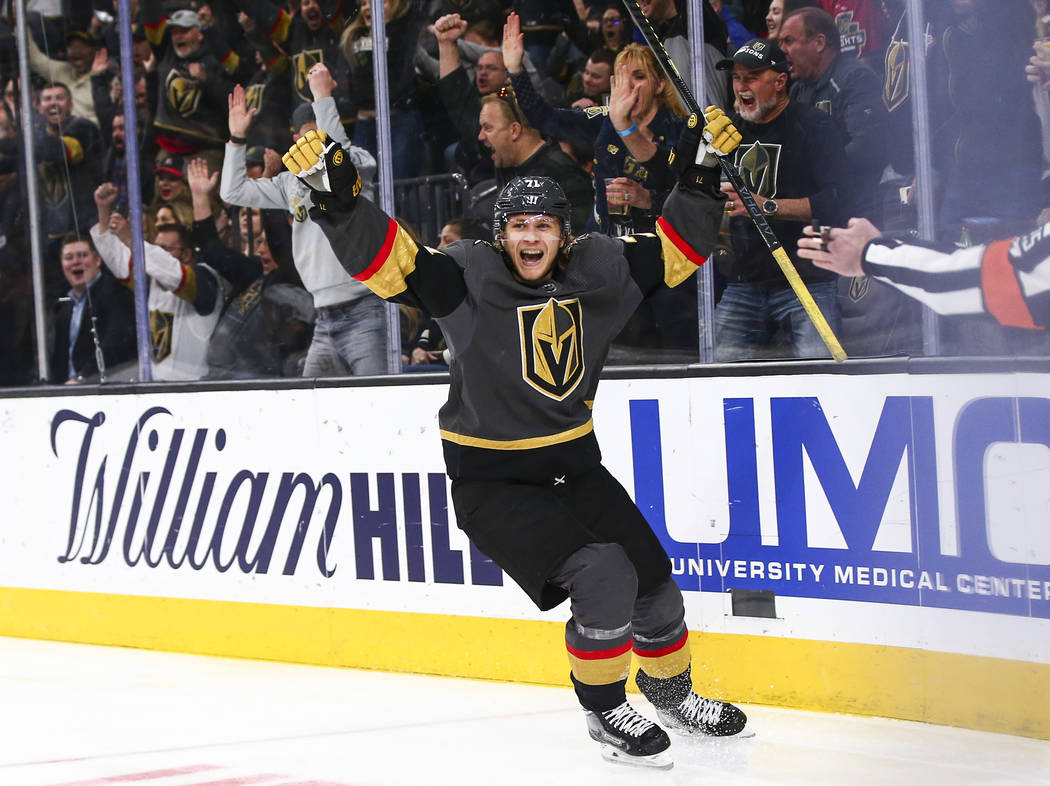 Golden Knights' William Karlsson (71) celebrates after scoring against the Buffalo Sabres durin ...