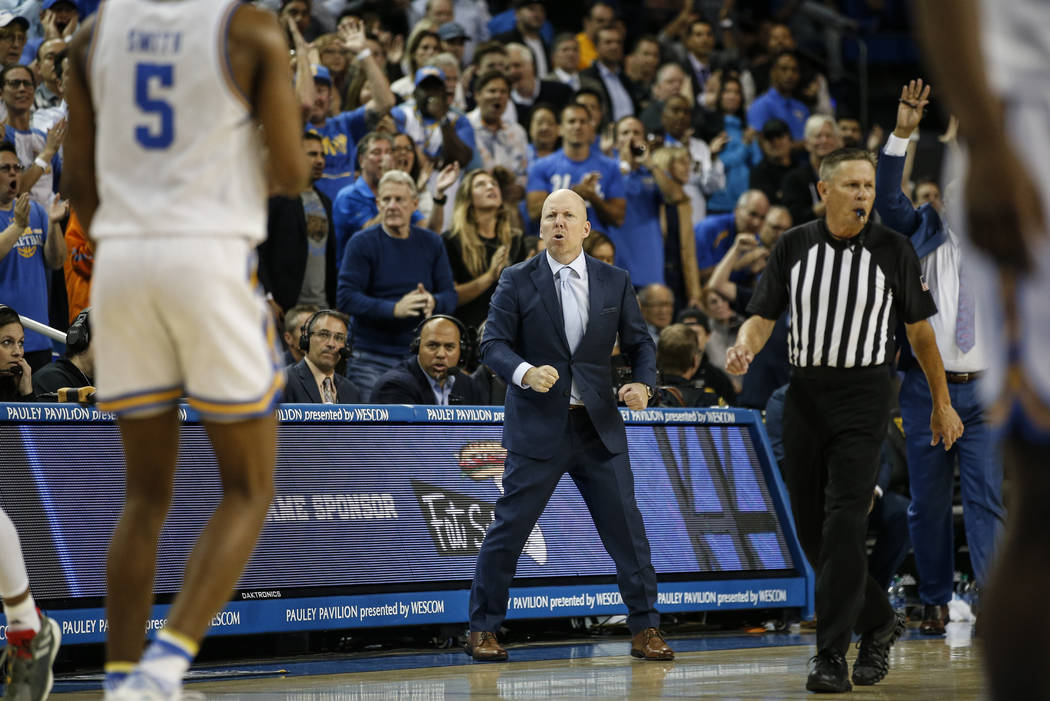 UCLA head coach Mick Cronin reacts during an NCAA college basketball game against Arizona State ...