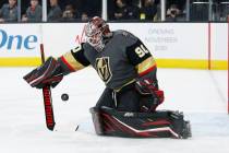 Vegas Golden Knights goaltender Robin Lehner (90) plays against the Buffalo Sabres in an NHL ho ...