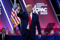 President Donald Trump greets the crowd after speaking at Conservative Political Action Confere ...