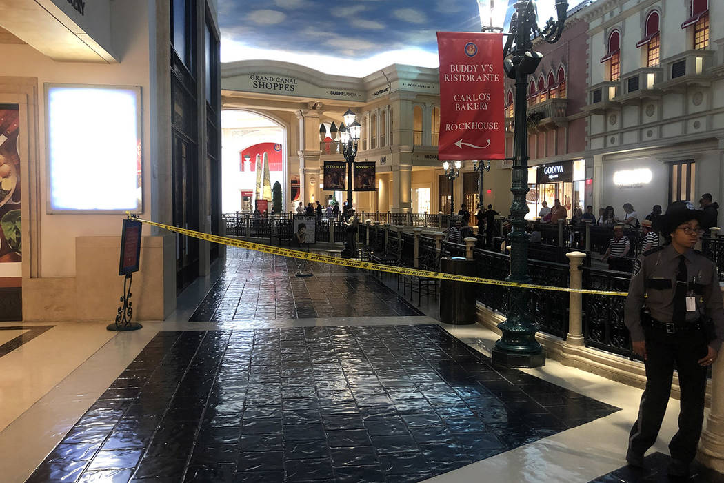 A crime scene in the Grand Canal Shoppes inside the Palazzo Saturday morning. Las Vegas police ...