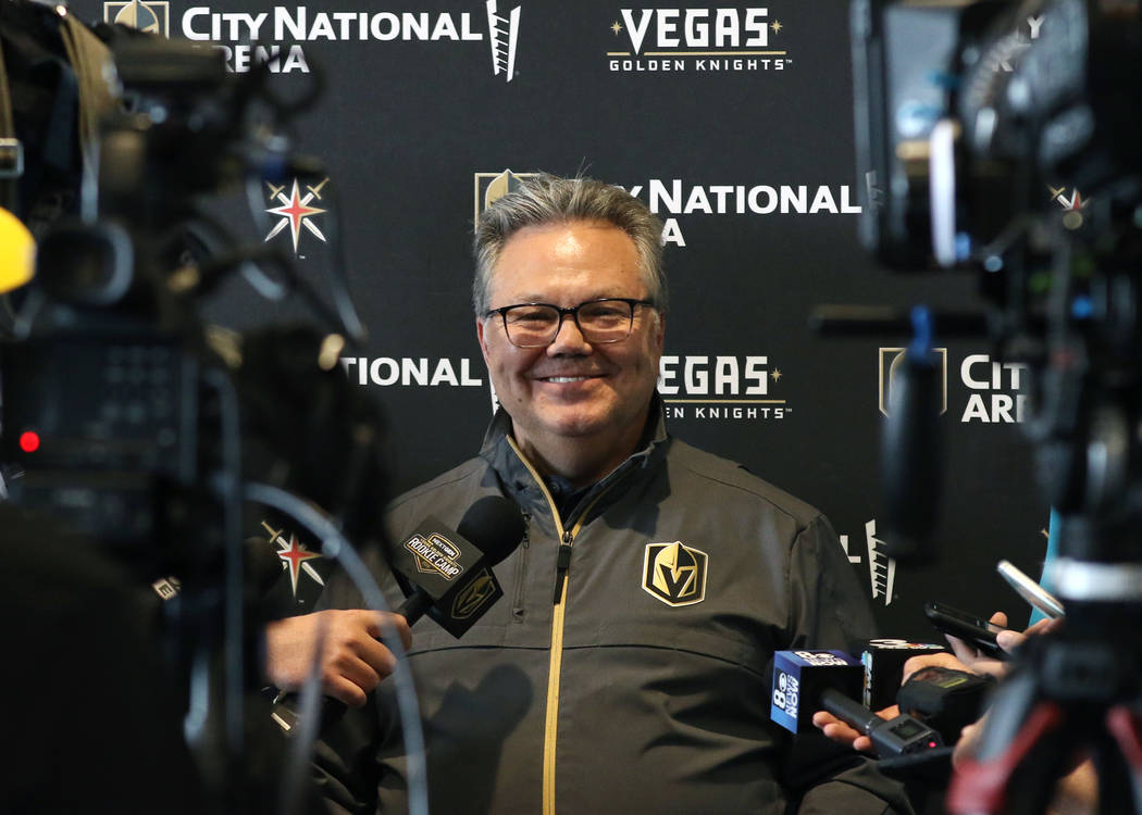 Kelly McCrimmon, Golden Knights general manager, smiles as he speaks to the media at City Natio ...