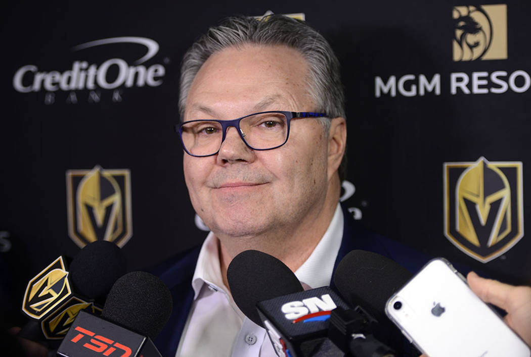 Vegas Golden Knights NHL hockey team general manager Kelly McCrimmon holds a news conference in ...