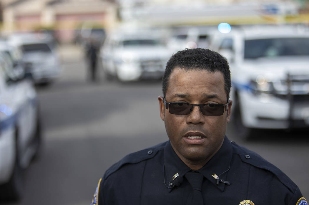 Officer K.L. Moore gives a media briefing about an "officer-involved" shooting that o ...