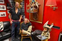 Penn & Teller are shown in the Monkey Room at the Rio on Tuesday, Feb. 25, 2020. (John Katsilom ...