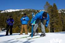 John King, right, of the Department of Water Resources, checks the snowpack depth during the se ...