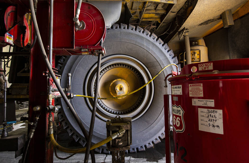 A view of a tire on a Komatsu haul truck, which can carry over 300 tons, at Nevada Gold Mines' ...